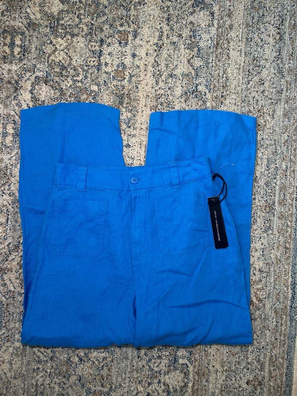 100% Linen Blue Wide Leg Cargo Pants Size 6